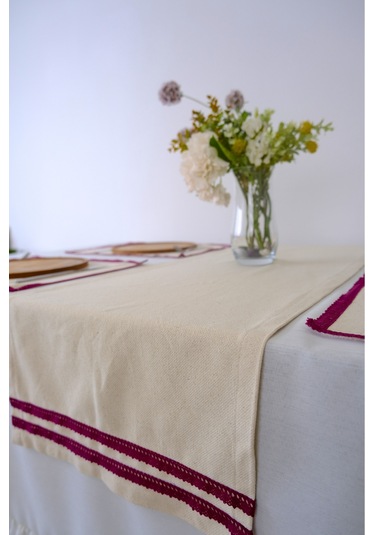 Yakacihome Terra 5 Parça 4 Parça Amerikan Servis & 1 Parça Runner Duck Keten Mürdüm Fisto Dantel Biyeli Set Bordo - Krem