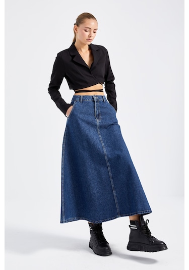 Itsbasic Kadın Mavi Renk Vinca A Tipi Kesim Denim Etek