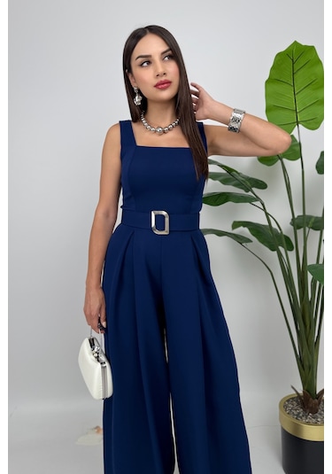 Noir Flow Kadın Lacivert Kemerli Askılı Bol Paça Tulum Zarif Şıklık Lacivert