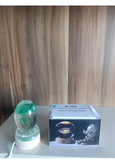 Ahşap Altlıklı Yeşıl Renk Dekoratif Işıklı Küre