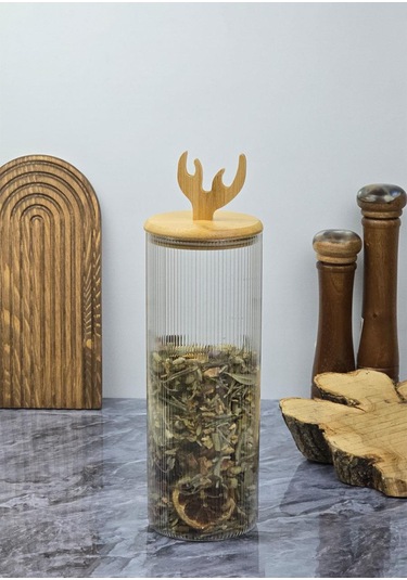 Boynuz Desenli Cam Kavanoz - Bambu Kapaklı Borosilikat Cam Kavanoz - 33 Cm - Yuvarlak