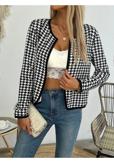 Kadın Uzun Kollu Kaz Ayağı Desenli Şardonlu Dalgıç Ceket DESENLİ