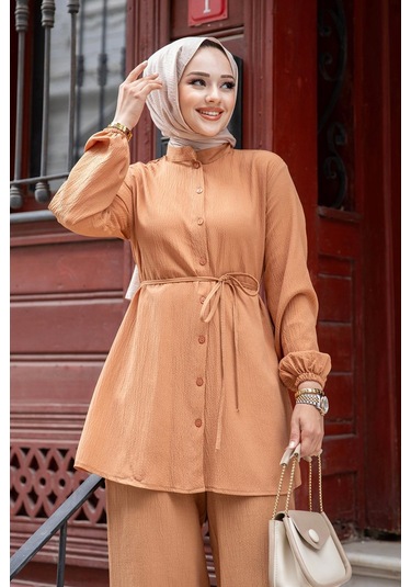 Hakim Yaka Detaylı Tesettür Camel Takım Camel