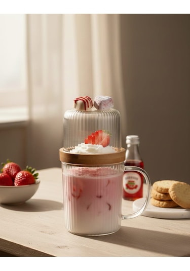 Sunum Fanuslu Bambu Kapaklı Şık Cam Kupa Seti 300ml Cam - Şeffaf