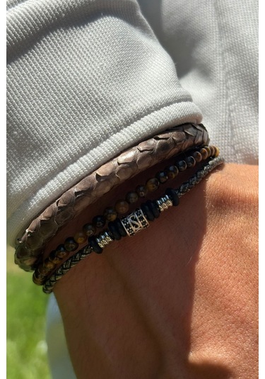 Doğal Taşlı Yılan Derisi Desenli El İşçiliği İle Üretilmiş Hakiki Deri Erkek Bileklik Kahverengi - Siyah