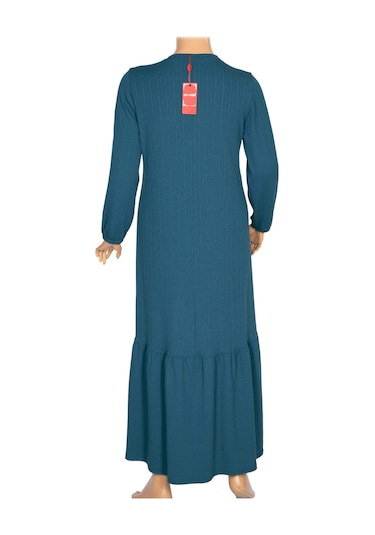 Hesna Kadın Derya Fitilli Doku Eteği Farbalı Broşlu Petrol Elbise Petrol