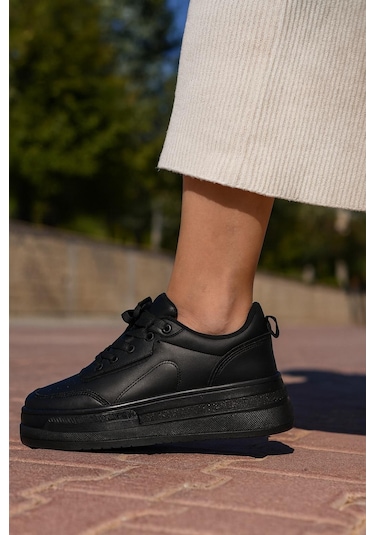 Kadın Günlük Yüksek Taşlı Taban Rahat Kalıp Yürüyüş Ve Ortopedik Spor Ayakkabı Bej Siyah