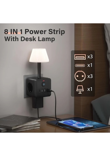 Xuweiwei Beyaz Avrupa Standart Fisli 8li 1 Arada Duvara Monte Priz Masa Lambali Asiri Gerilim Korumali Anahtrli 3 Ac Priz 3 Usb 1 Type C 220 240v