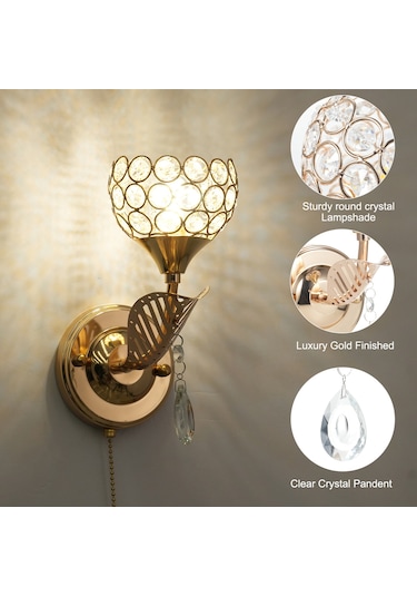 Ximistore9 Modern Metal Kristal Duvar Lambası, Yatak Başı Ve Koridor Aydınlatma, Çekmeli Anahtarlı, E26 Soket, 110v-130v Siyah