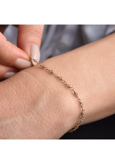 14 Ayar Altın Kaplama Duman Rengi Kuvars Doğal Taşlı El Yapımı Gümüş Bileklik - Cbs00132 Altın