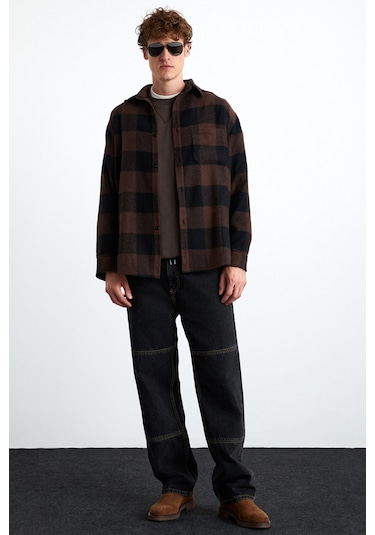 Wıldy  Erkek Pamuk-polyester Gömlek Yaka Relaxed Oduncu Kahverengi Gömlek