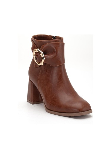 Taba Kadın Kalın Topuklu Bot Yan Fiyonk Aksesuarlı Küt Burun-4280 Taba