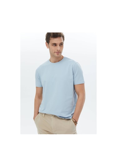 Kip Mavi Düz Bisiklet Yaka Pamuk Karışımlı T-shirt Mavi