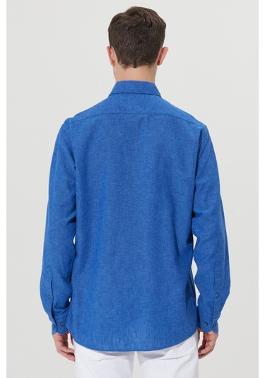 AC&Co / Altınyıldız Classics Erkek Lacı Comfort Fit Rahat Kesim Düğmeli Yaka Keten Gömlek Lacı Lacivert