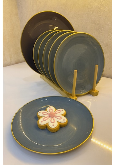 Gold Kenarlı Gri Seramik Pasta Tabağı 7 Lı Set Modern Sofra Sunum Tabakları 21 Cm Çok Renkli