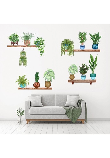 Raflı Saksılı Çiçek Tasarımlı Yapışkanlı Sticker Mc-480b Çok Renkli