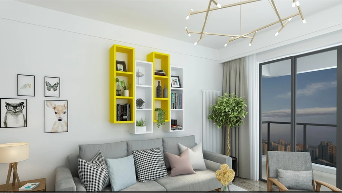 Kitaplık Modern Ev Duvar Rafı Sarı Beyaz 4 Lü Takım Sarı-beyaz