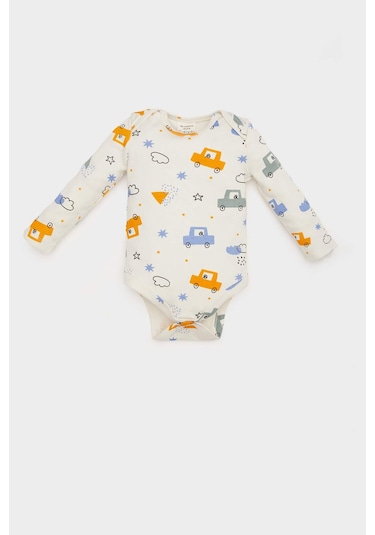 DeFacto Erkek Bebek Yenidoğan Bisiklet Yaka Baskılı Uzun Kollu Çıtçıtlı Body E6304A525SPER233 Ekru