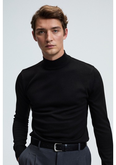 REBEL Erkek Yarım Balıkçı Yaka Basic Slim Fit Triko Siyah Kazak