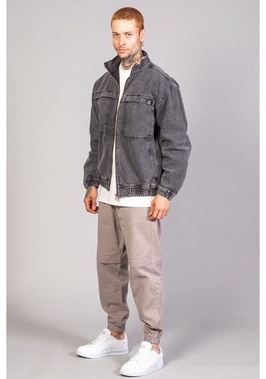 Oversize Erkek Siyah Kar Yıkama Modelli Fermuarlı Bomber Kot ... Füme