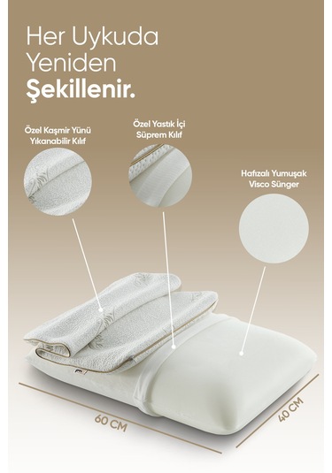 Özel Visko Kaşmir Uyku Yastığı - Ortopedik Visco Tombul Yastık - Ultra Lüx Cashmere Kumaş Beyaz