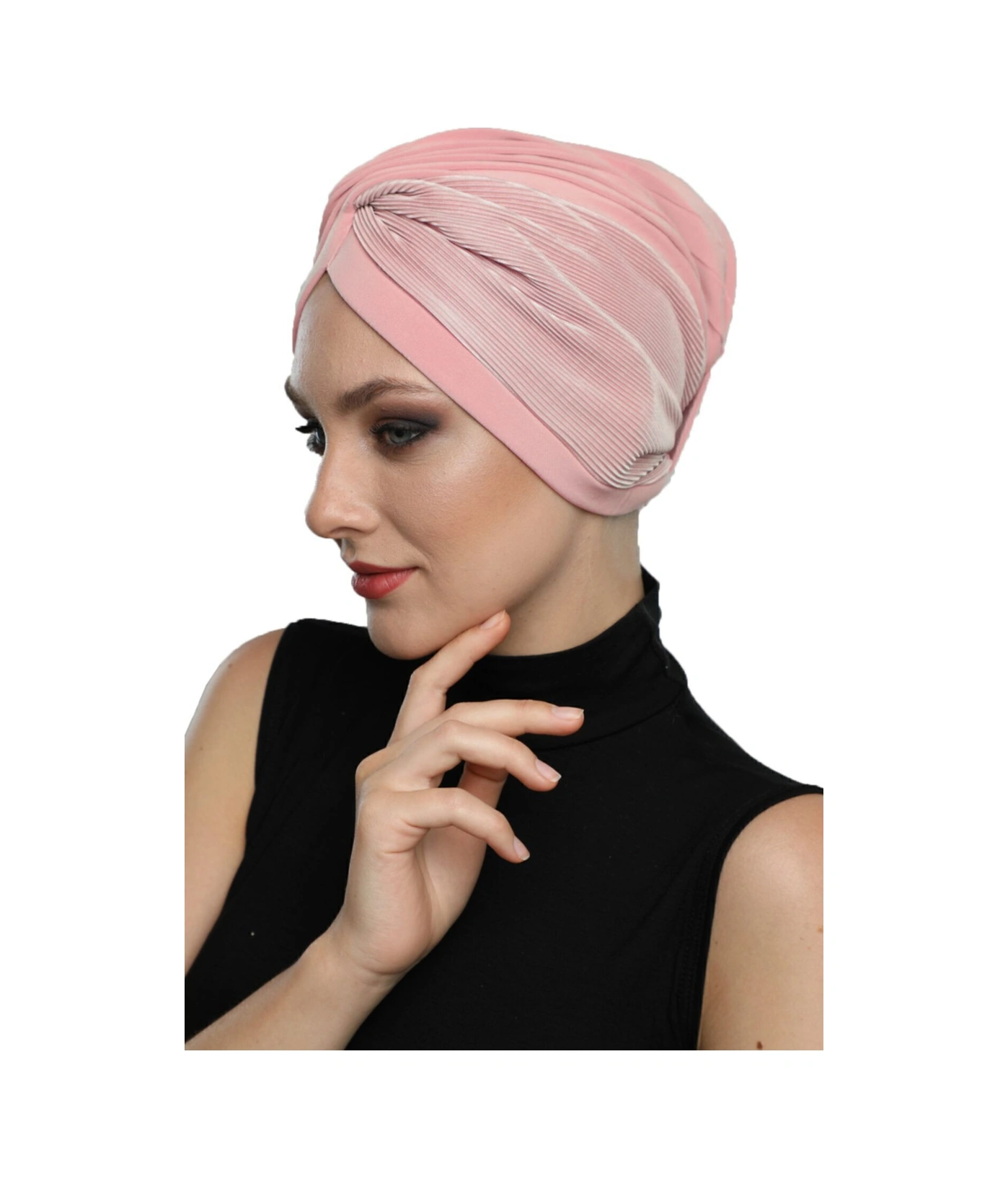 Çapraz Plise Astarlı Hazır Türban Ve Tesettür Bonesi Pudra