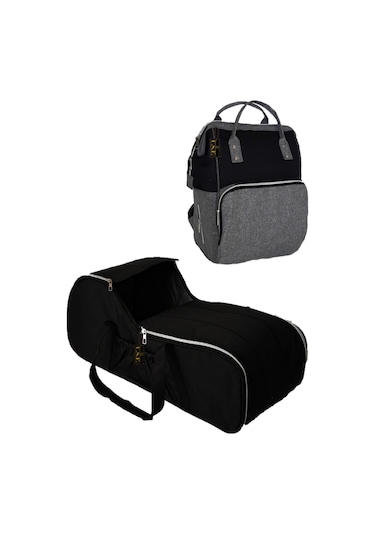 U.S.F Fonksiyonel Bebek Bakım Sırt Çantası + Portbebe Ana Kucağı Puset Gri - Siyah