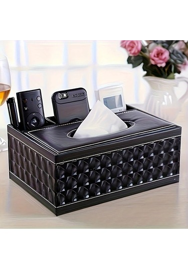 Tongdashop Beyaz Altın Kumanda Ve Akıllı Telefon Organizörlü Şık Siyah Suni Deri Mendil Kutusu Beyaz Altın