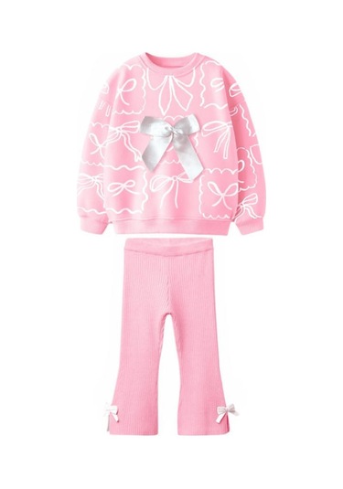 2-8 Yaş Fiyonk Detay Sweat Ve İspanyol Kız Çocuk Takım Pembe Pembe