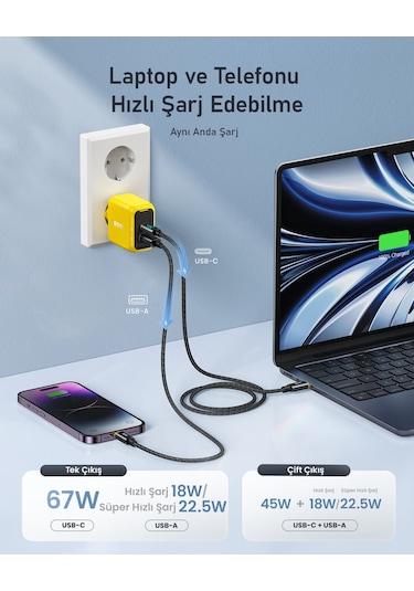 Aohi Magcube 67w 2 Portlu Şarj Adaptörü, 240w 8k Süper Hızlı Şarj/data Kablosu Seti