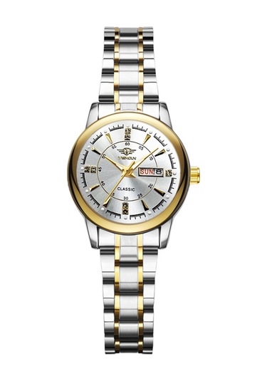 Yashıdun 5063 Çelik Kayış Şık Çift Kuvars Saat Aydınlık Takvim Bilek Saati - Beyaz Kadran / Gümüş+altın Kayış / Kadın