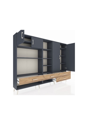 Arges Dolap 12 Raflı 4 Çekmeceli 4 Kapaklı 220x30x163 Antrasit-an Antrasit-antrasit/çam