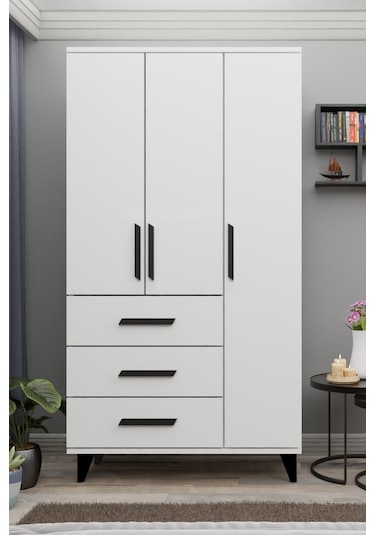 Gm 303-a Ece 3 Kapı 3 Çekmeceli Ayaklı Siyah Kulplu Gardırop