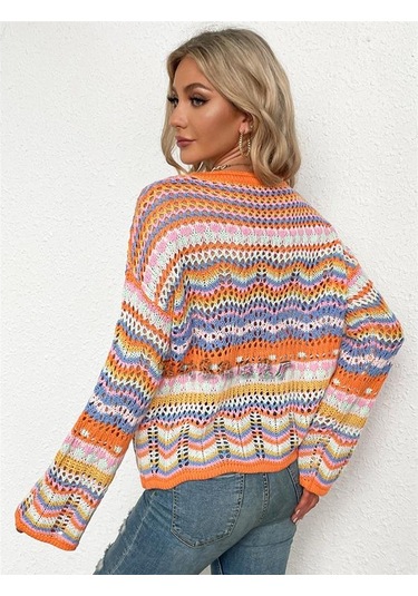 Kadın Gökkuşağı Bisiklet Yaka Çizgili Örgü Kazak Kazak Uzun Kollu Günlük Gevşek Büyük Boy Üstler Mavi