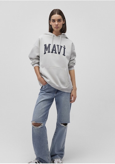 Mavi - Mavi Logo Baskılı Kapüşonlu Gri Sweatshirt 1600361-34322 Gri