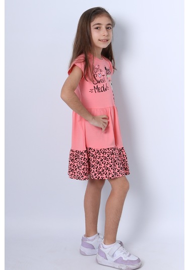 Kız Çocuk Elbise Fırfırlı Kedicik Baskılı C13 Pembe