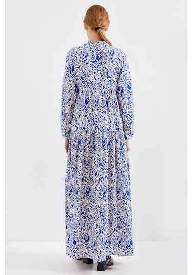 Bigdart Kadın Desenli Saks Viskon Tesettür Elbise 2423 001