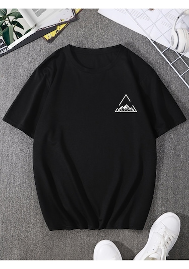 Üçgen Dağ T-shirt - Siyah Baskılı Oversize Bisiklet Yaka Kısa Kol Tişört Siyah