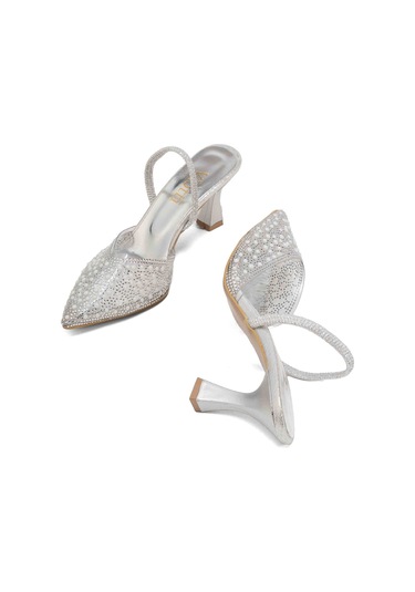 V-1005 Gümüş Günlük Arkası Açık Taşlı Topuklu Bayan Ayakkabı Gri