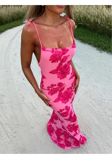 Pembe Ayarlanabilir Askılı Çiçekli Astarlı Maksi Pembe