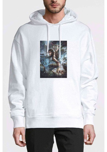 Tomb Raider Lara Croft Baskılı Beyaz Erkek Örme Kapşonlu Sweat