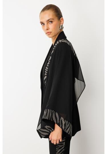 Moda İlgi Kadın Şifon Pelerin Detaylı Taş İşlemeli Ceket 0065 Siyah Siyah