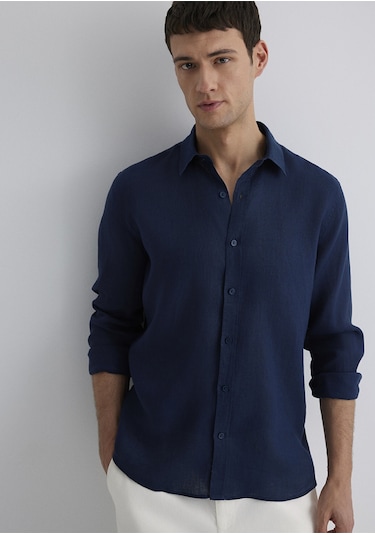 Mavi - Lacivert Keten Gömlek 0211466-70497 Lacivert