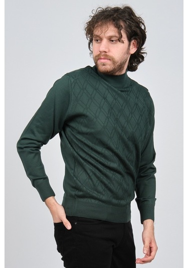 Pave Erkek Yarım Balıkçı Desenli Yün Kazak 4537210 Yeşil Yeşil