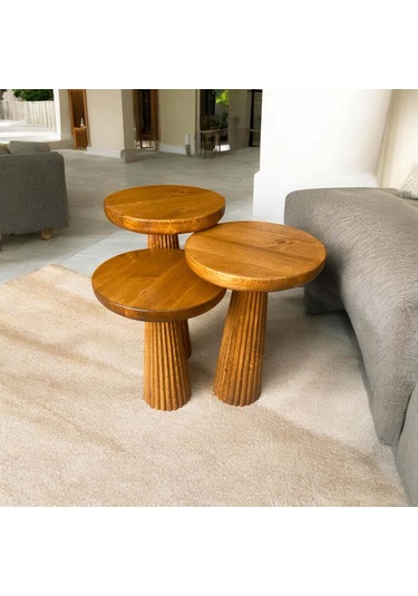 Modern Ahşap Mantar Sehpa 3 Lü Set Tik Ağacı Renk Masif Fiskos