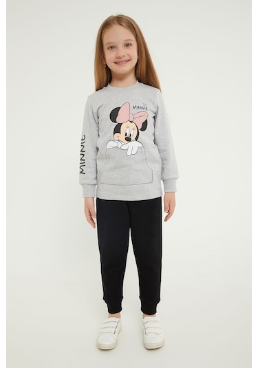 Minnie Mouse Lisanslı GriMelanj Kız Çocuk Eşofman Takım Gri Melanj