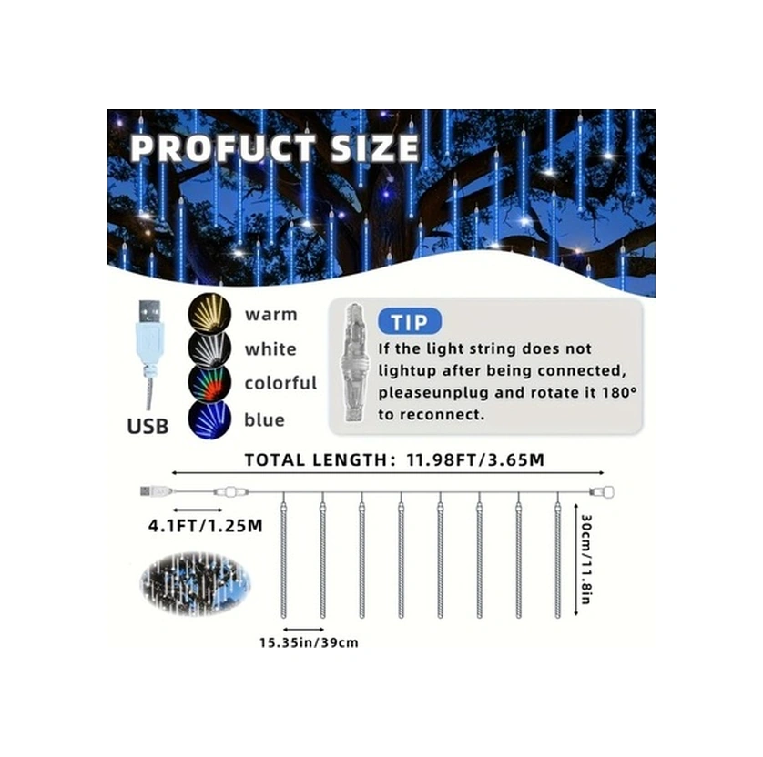 Trendooze Yas Parıltılı 192 Led 8 Tüp 118 İnç Mavi Usb Dekor Işık