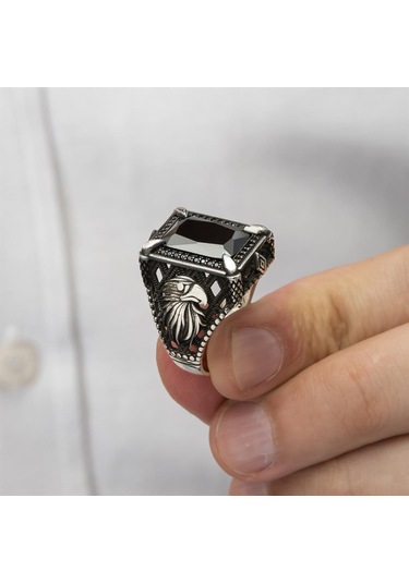 Kartal Motifli Kare Siyah Taşlı 925 Gümüş Erkek Yüzük