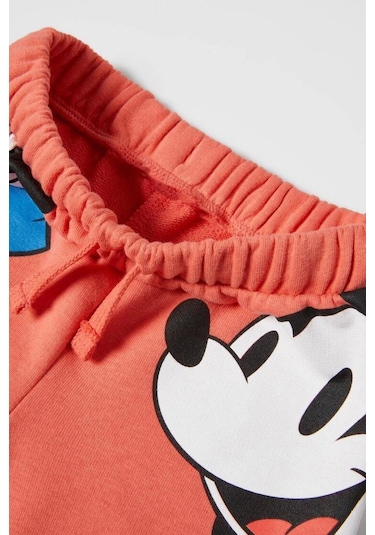 Unisex Çocuk Mickey Mouse Baskılı Pamuklu Bisiklet Yaka T- Shirt Ve Şort Alt Üst Takım Somon