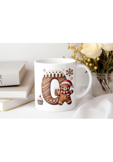 O Kurabiye Harf Ve Ayıcık Detaylı Kupa Bardak - Yeni Yıl / Yılbaşı Temalı Tasarım - Noel Hediye Beyaz